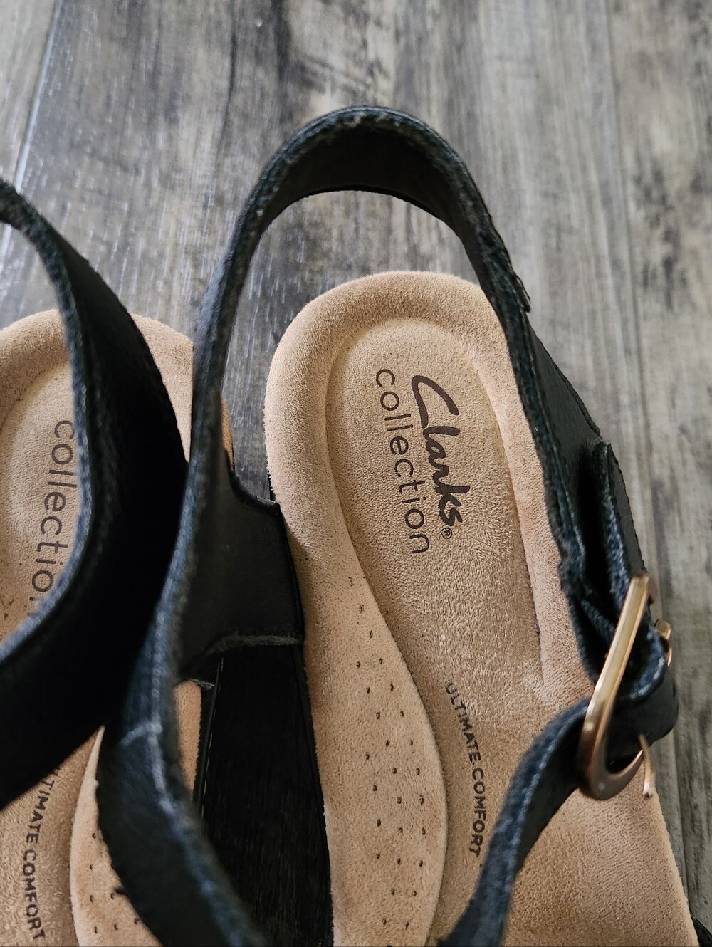 Clarks Paizlee Bay Black Leather Clog Wood-Effect Platform Ankle Strap Sandals - Picture 9 of 10